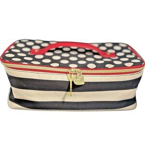 Betsey Johnson Polka Dot Stripe Red White Blue Makeup Bag 12x7 Key Heart Charms